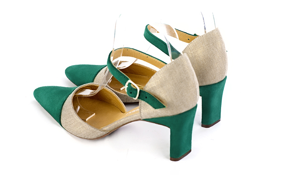 Women's emerald green and gold open side dress shoes, with an instep strap. Tapered toe. Medium comma heels - Rear view